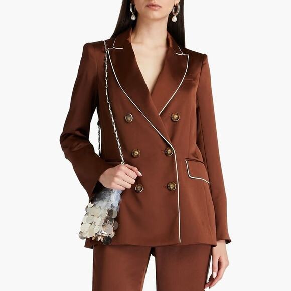 Veronica Beard Brown Satin Roche Double Breasted Long Sleeve Flap Pockets Blazer - Picture 6 of 7